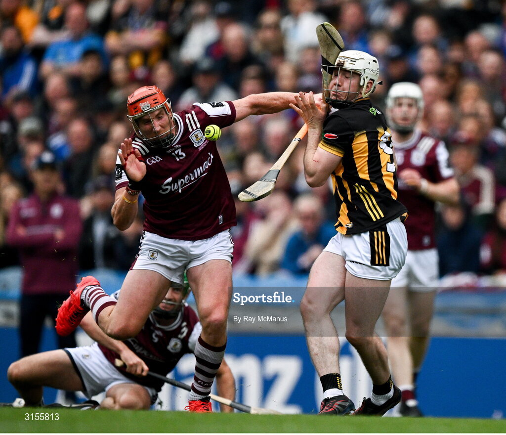 8 June 2025; Jordan Molloy of Kilkenny is tackled by Conor Whelan of Galway during the Leinster GAA Senior Hurling Championship final match between Kilkenny and Galway at Croke Park in Dublin. Photo by Ray McManus/Sportsfile
