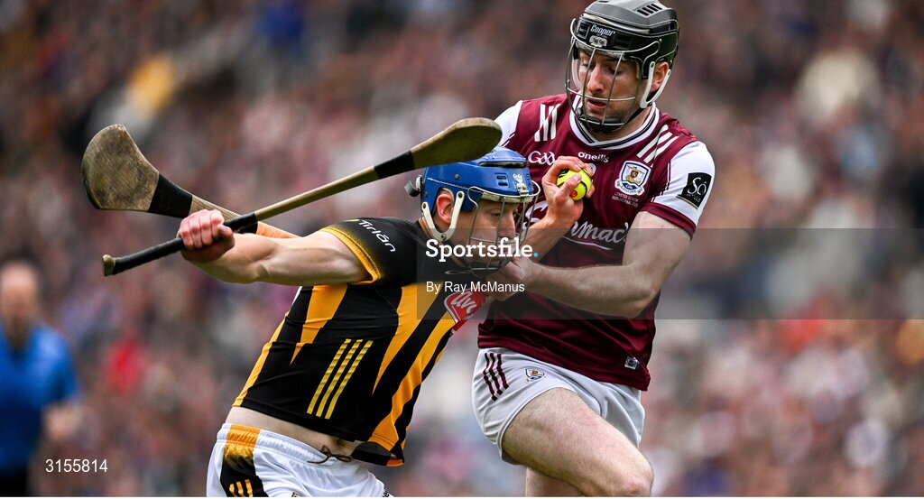 8 June 2025; Stephen Donnelly of Kilkenny is tackled by Padraic Mannion of Galway during the Leinster GAA Senior Hurling Championship final match between Kilkenny and Galway at Croke Park in Dublin. Photo by Ray McManus/Sportsfile