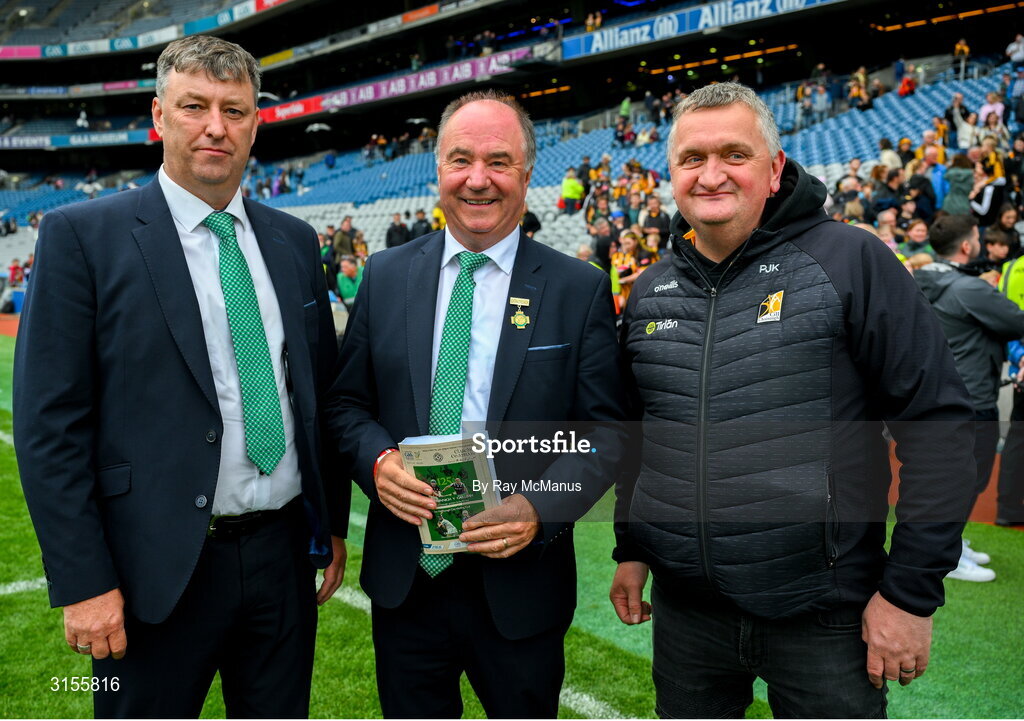 8 June 2025; Leinster Council Vice Chairperson Martin Byrne, left, Leinster Chairman Derek Kent and P J Kenny, Chairperson, Kilkenny GAA, after the Leinster GAA Senior Hurling Championship final match between Kilkenny and Galway at Croke Park in Dublin. Photo by Ray McManus/Sportsfile