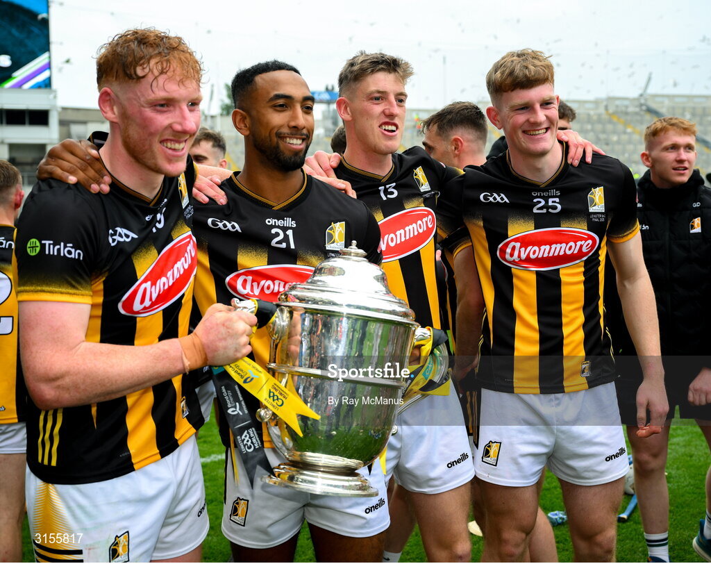 8 June 2025; Kilkenny captain John Donnelly, left, Zach Bay Hammond, Stephen Donnelly and Luke Connellan, right, with the Bob O'Keeffe Cup afterthe Leinster GAA Senior Hurling Championship final match between Kilkenny and Galway at Croke Park in Dublin. Photo by Ray McManus/Sportsfile