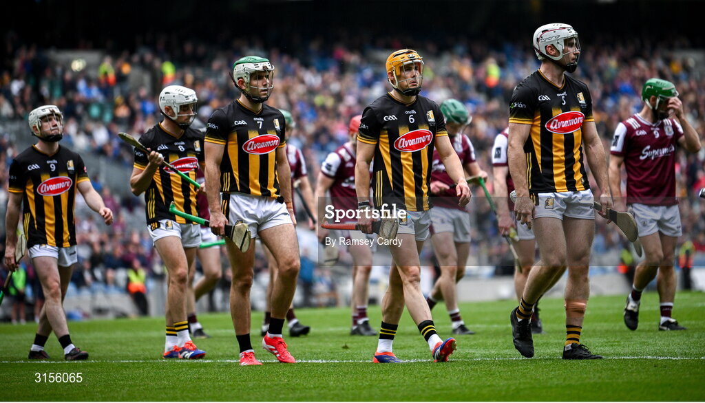 8 June 2025; Kilkenny players, from right to left, Mikey Carey, Richie Reid, Paddy Deegan, Cian Kenny and Jordan Molloy parade before the Leinster GAA Senior Hurling Championship final match between Kilkenny and Galway at Croke Park in Dublin. Photo by Ramsey Cardy/Sportsfile
