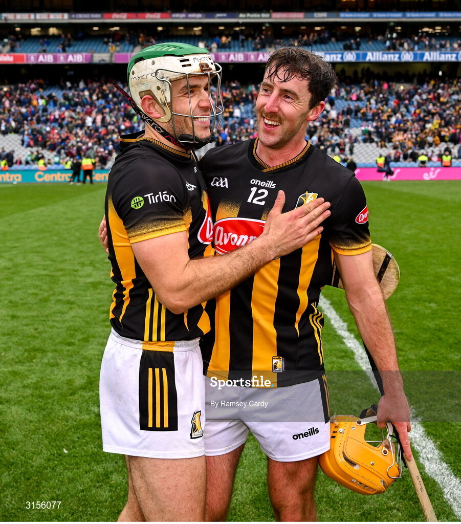 8 June 2025; Paddy Deegan, left, and Billy Ryan of Kilkenny after the Leinster GAA Senior Hurling Championship final match between Kilkenny and Galway at Croke Park in Dublin. Photo by Ramsey Cardy/Sportsfile