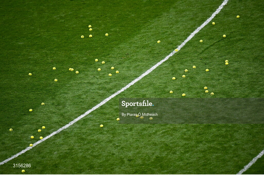 8 June 2025; A general view of sliotars on the pitch for the Kilkenny warm-up before the Leinster GAA Senior Hurling Championship final match between Kilkenny and Galway at Croke Park in Dublin. Photo by Piaras Ó Mídheach/Sportsfile