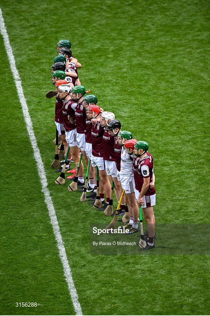 8 June 2025; The Galway team stands for the playing of Amhrán na bhFiann before the Leinster GAA Senior Hurling Championship final match between Kilkenny and Galway at Croke Park in Dublin. Photo by Piaras Ó Mídheach/Sportsfile