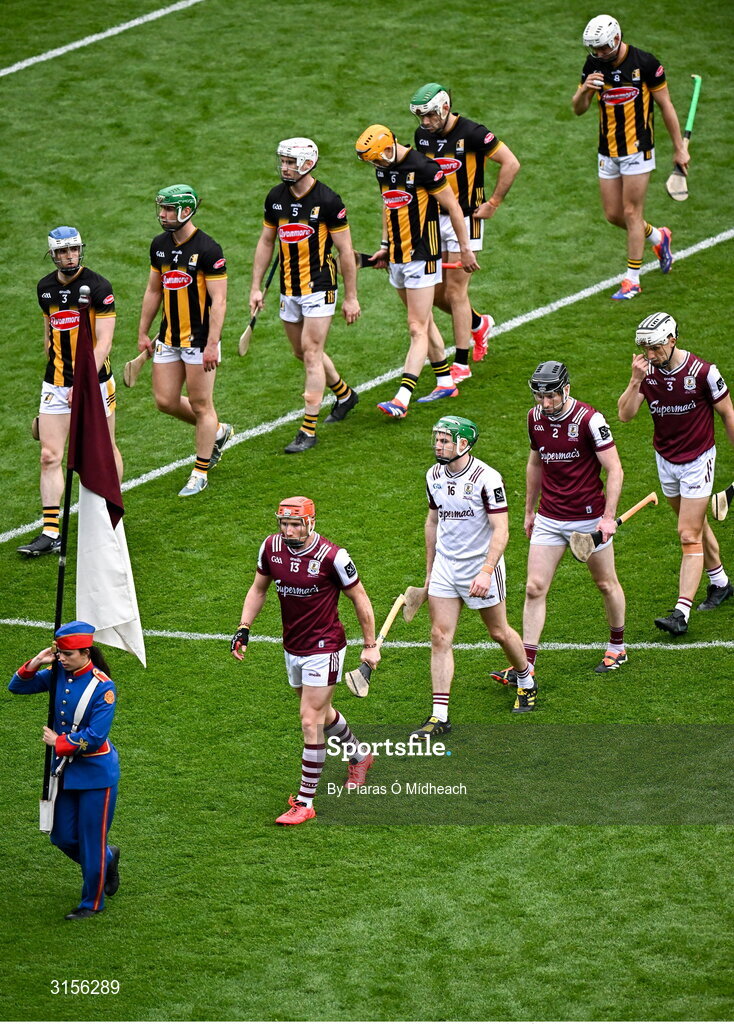 8 June 2025; Galway captain Conor Whelan leads his team in the parade before the Leinster GAA Senior Hurling Championship final match between Kilkenny and Galway at Croke Park in Dublin. Photo by Piaras Ó Mídheach/Sportsfile