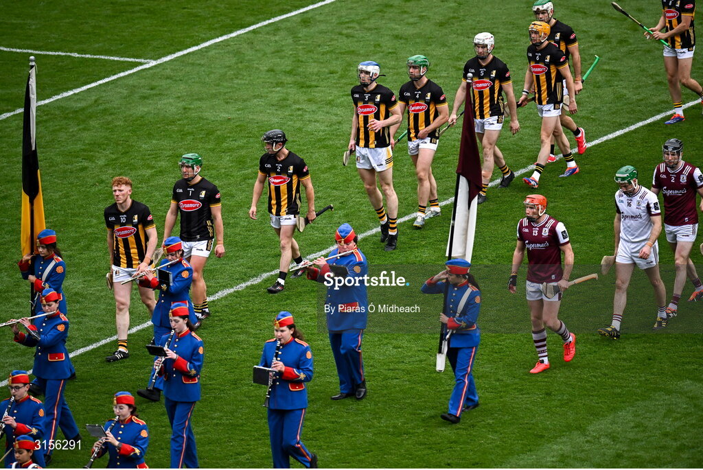 8 June 2025; Kilkenny captain John Donnelly and Galway captain Conor Whelan lead their teams in the parade before the Leinster GAA Senior Hurling Championship final match between Kilkenny and Galway at Croke Park in Dublin. Photo by Piaras Ó Mídheach/Sportsfile