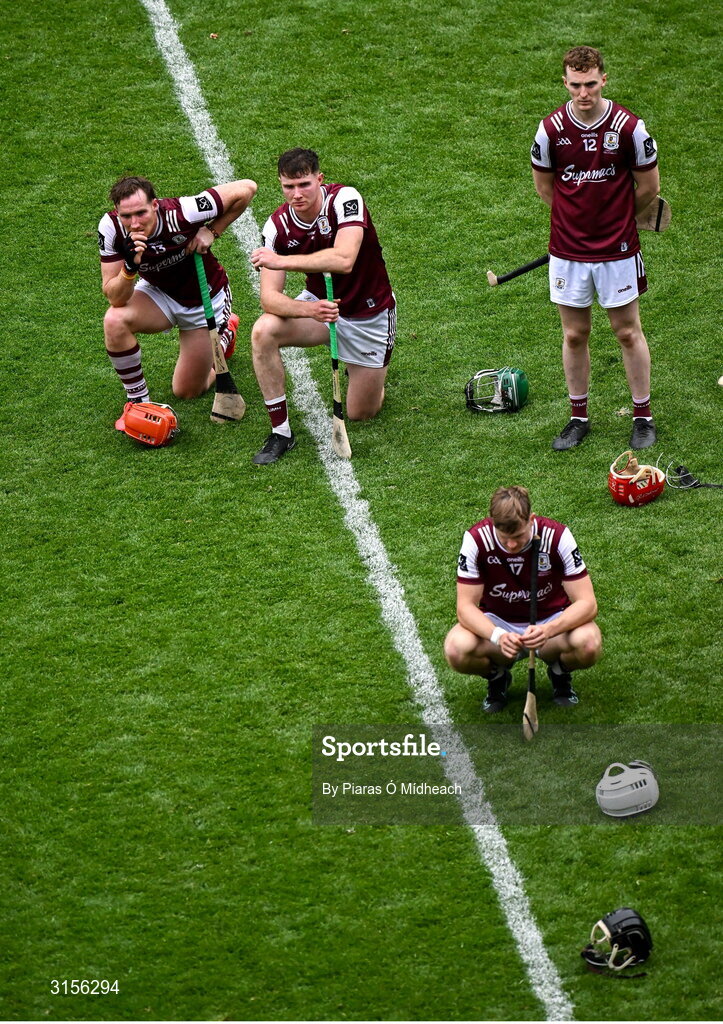 8 June 2025; Galway players, from left, Conor Whelan, Cathal Mannion, Darren Morrissey and Tom Monaghan, 12, after their side's defeat in the Leinster GAA Senior Hurling Championship final match between Kilkenny and Galway at Croke Park in Dublin. Photo by Piaras Ó Mídheach/Sportsfile