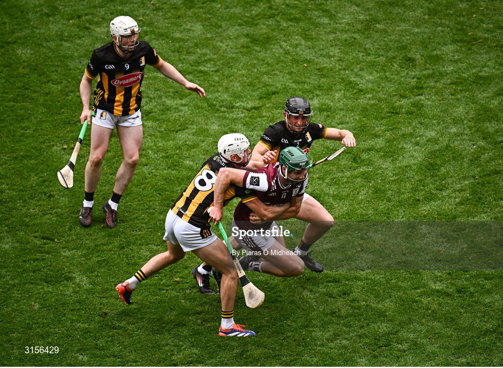 8 June 2025; Cathal Mannion of Galway in action against Kilkenny players, from left, Jordan Molloy, Cian Kenny and Mikey Butler during the Leinster GAA Senior Hurling Championship final match between Kilkenny and Galway at Croke Park in Dublin. Photo by Piaras Ó Mídheach/Sportsfile