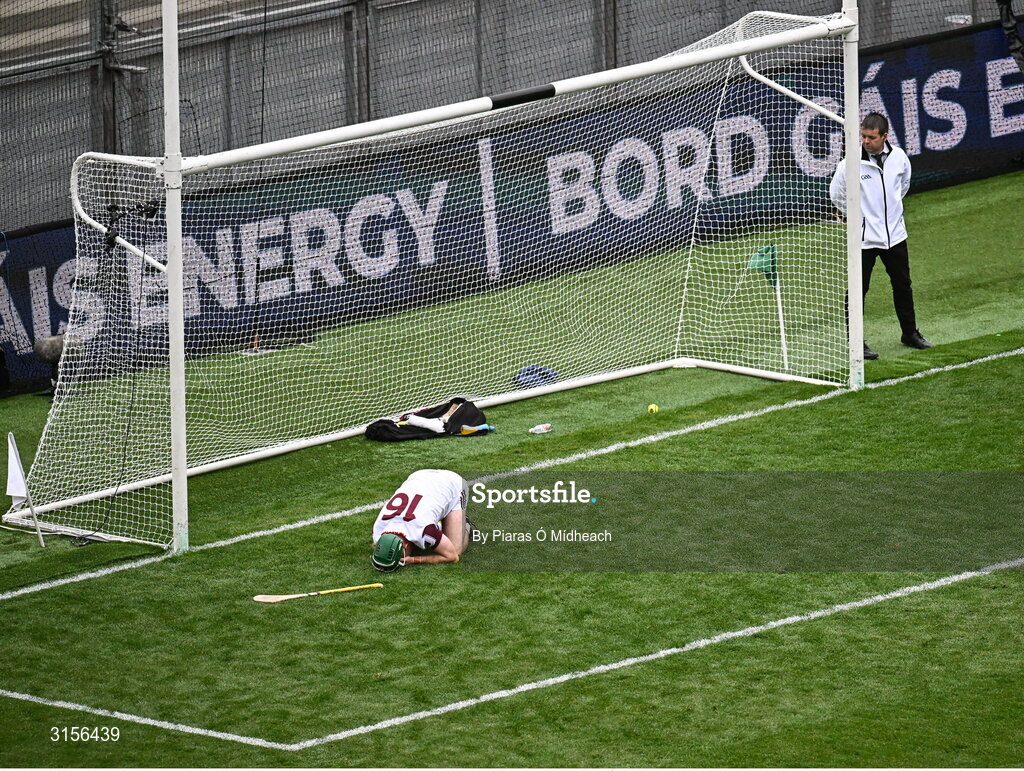 8 June 2025; Galway goalkeeper Eanna Murphy awaits medical attention for an injury during the Leinster GAA Senior Hurling Championship final match between Kilkenny and Galway at Croke Park in Dublin. Photo by Piaras Ó Mídheach/Sportsfile