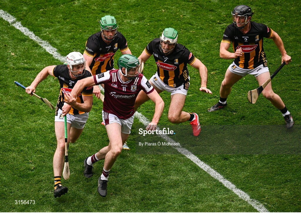8 June 2025; Cathal Mannion of Galway is hounded by Kilkenny players, from left, Mikey Carey, Tommy Walsh, Paddy Deegan and Mikey Butler during the Leinster GAA Senior Hurling Championship final match between Kilkenny and Galway at Croke Park in Dublin. Photo by Piaras Ó Mídheach/Sportsfile