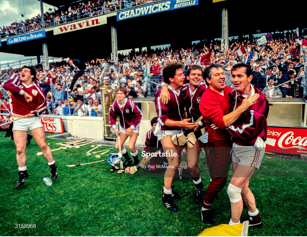 4 September 1988; Steve Mahon of Galway, right, and teammates celebrate at the final whistle during the All-Ireland Senior Hurling Championship Final match between Galway and Tipperary at Croke Park in Dublin. Photo by Ray McManus/Sportsfile