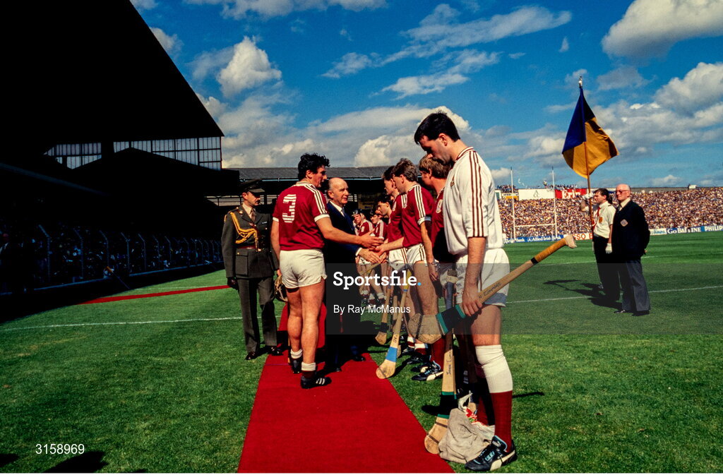 4 September 1988; President of Ireland Patrick Hillery is introduced to the Galway team by captain Conor Hayes before the All-Ireland Senior Hurling Championship Final match between Galway and Tipperary at Croke Park in Dublin. Photo by Ray McManus/Sportsfile