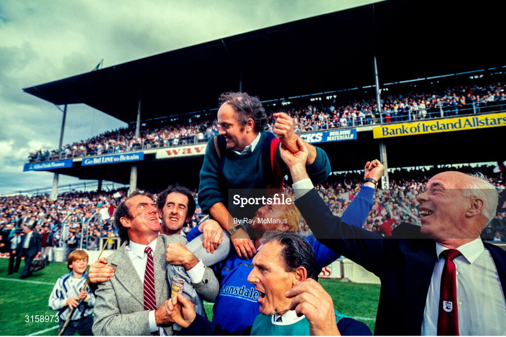 4 September 1988; Galway manager Cyril Farrell is held shoulder high after victory in the All-Ireland Senior Hurling Championship Final match between Galway and Tipperary at Croke Park in Dublin. Photo by Ray McManus/Sportsfile