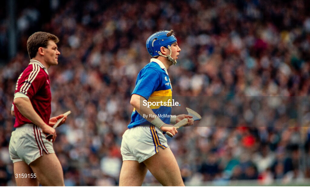 30 April 1989; John Leahy of Tipperary, right, and Pete Finnerty of Galway during the Royal Liver National Hurling League Final between Galway and Tipperary at Croke Park in Dublin. Photo by Ray McManus/Sportsfile
