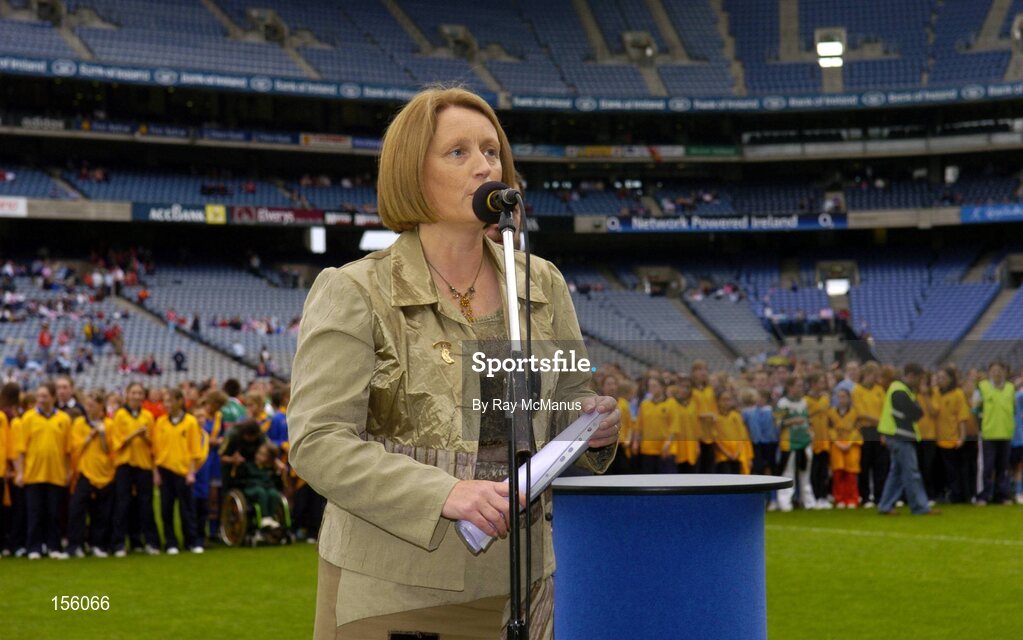 19 September 2004; President of the Camogie Association speaking at the camogie centenary celebrations before the game. Foras na Gaeilge Senior Camogie Championship All-Ireland Final, Tipperary v Cork, Croke Park, Dublin. Picture credit; Ray McManus / SPORTSFILE