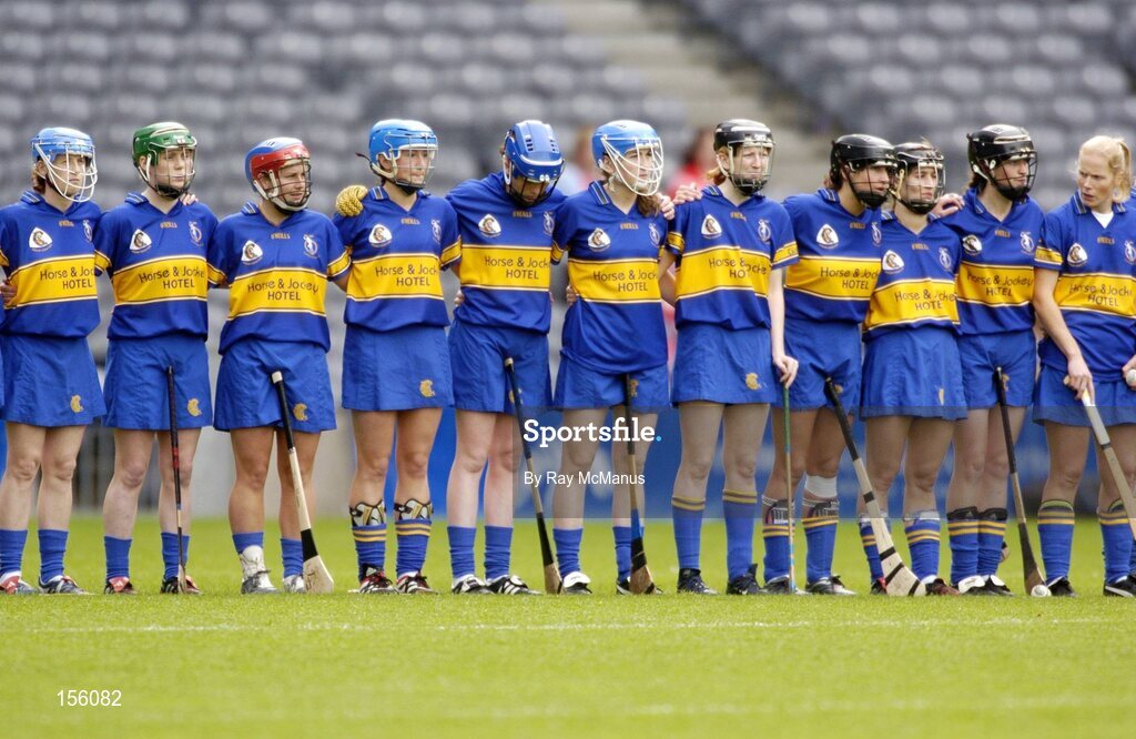 19 September 2004; The Tipperary team stand for the national anthem. Foras na Gaeilge Senior Camogie Championship All-Ireland Final, Tipperary v Cork, Croke Park, Dublin. Picture credit; Ray McManus / SPORTSFILE
