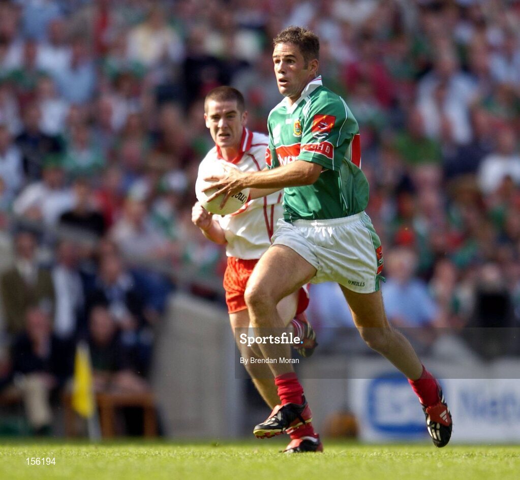 7 August 2004; James Gill, Mayo, in action against Philip Jordan, Tyrone. Bank of Ireland All-Ireland Senior Football Championship Quarter Final, Mayo v Tyrone, Croke Park, Dublin. Picture credit; Brendan Moran / SPORTSFILE