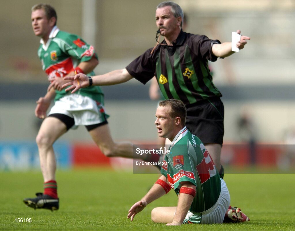 7 August 2004; David Brady, Mayo, and referee Paddy Russell. Bank of Ireland All-Ireland Senior Football Championship Quarter Final, Mayo v Tyrone, Croke Park, Dublin. Picture credit; Brendan Moran / SPORTSFILE