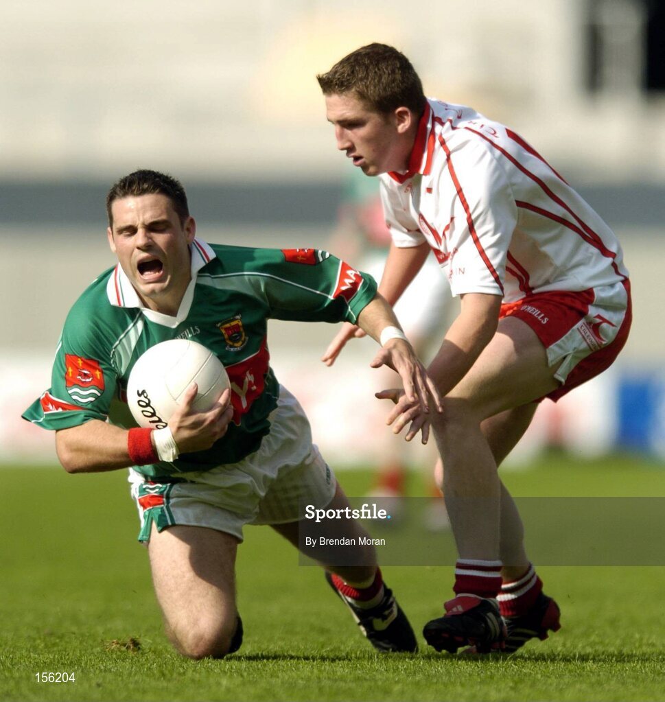 7 August 2004; Brian Maloney, Mayo, in action against Dermot Carlin, Tyrone. Bank of Ireland All-Ireland Senior Football Championship Quarter Final, Mayo v Tyrone, Croke Park, Dublin. Picture credit; Brendan Moran / SPORTSFILE