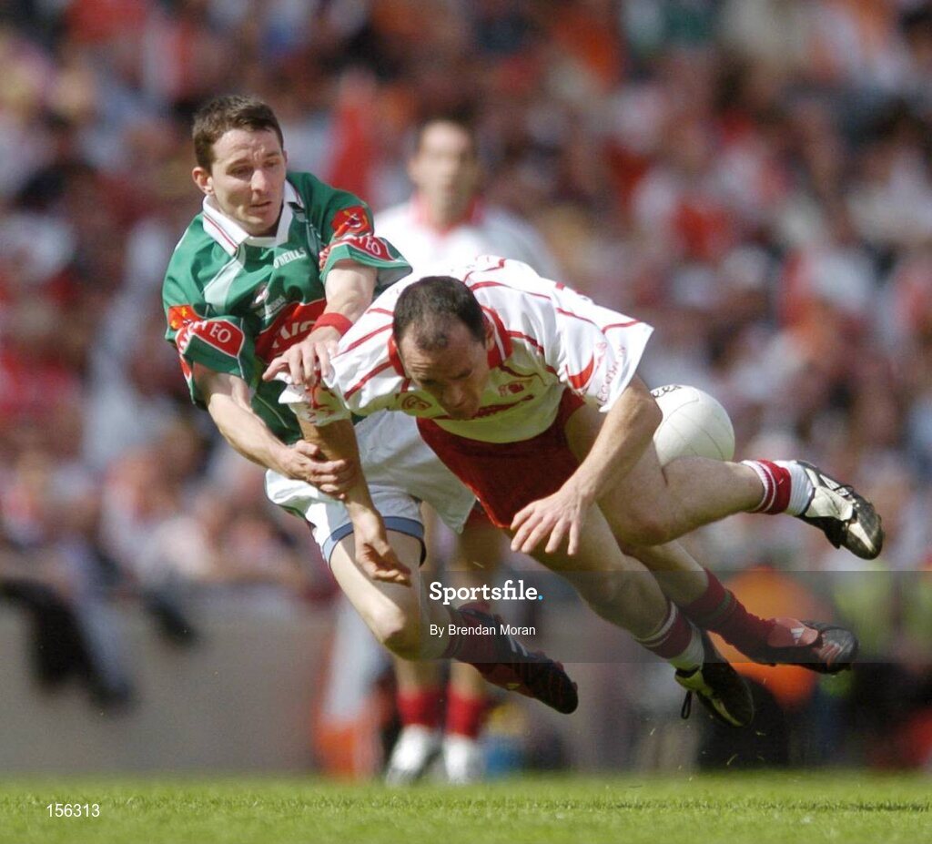 7 August 2004; Brian Dooher, Tyrone, in action against Peadar Gardiner, Mayo. Bank of Ireland All-Ireland Senior Football Championship Quarter Final, Mayo v Tyrone, Croke Park, Dublin. Picture credit; Brendan Moran / SPORTSFILE