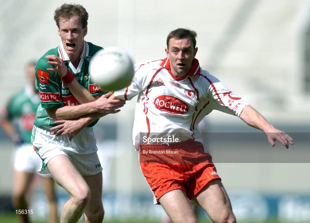 7 August 2004; James Nallen, Mayo, in action against Gerard Cavlan, Tyrone. Bank of Ireland All-Ireland Senior Football Championship Quarter Final, Mayo v Tyrone, Croke Park, Dublin. Picture credit; Brendan Moran / SPORTSFILE