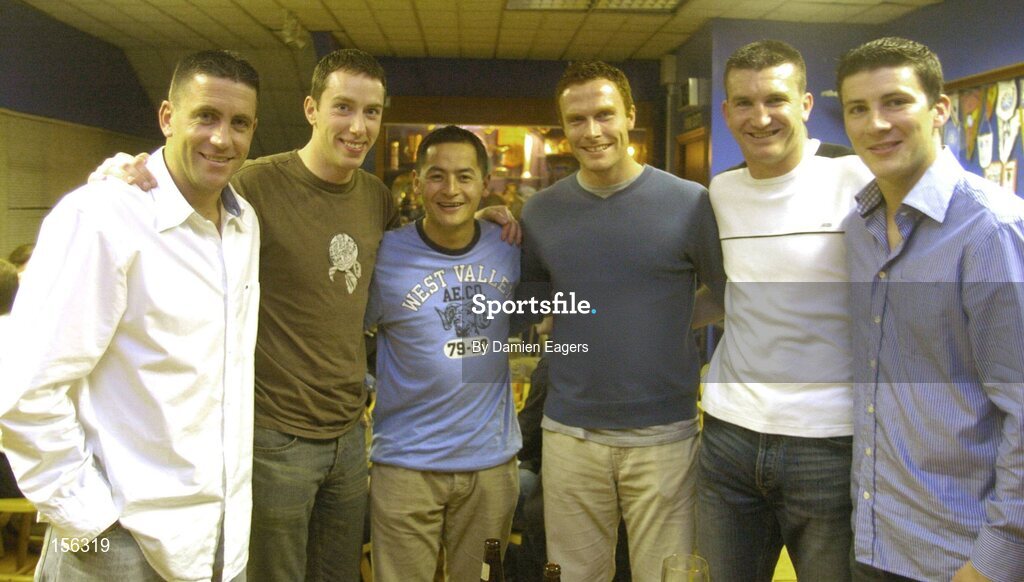 25 September 2004; Dublin footballers from left, Senan Connell, Barry Cahill, Jason Sherlock, Peadar Andrews, Darren Homan and Colin Moran pictured before the fight. Charity boxing match, Jonathan Magee v Quentin Hann, National Stadium, Dublin. Picture credit; Damien Eagers / SPORTSFILE