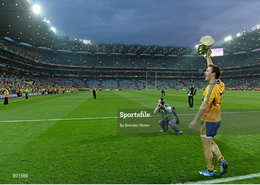 28 September 2013; Patrick O'Connor, Clare, celebrates with the Liam MacCarthy cup after the game. GAA Hurling All-Ireland Senior Championship Final Replay, Cork v Clare, Croke Park, Dublin. Picture credit: Brendan Moran / SPORTSFILE