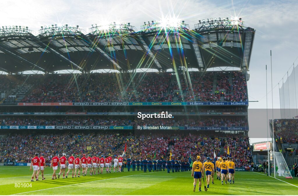 28 September 2013; The Cork and Clare teams walk behind the Artane School of Music Band during the pre-match parade. GAA Hurling All-Ireland Senior Championship Final Replay, Cork v Clare, Croke Park, Dublin. Picture credit: Brendan Moran / SPORTSFILE