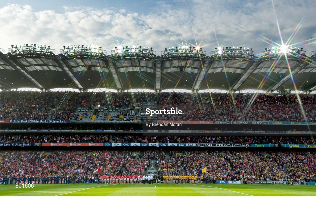 28 September 2013; The Cork and Clare teams stand to meet the dignitaries before the match. GAA Hurling All-Ireland Senior Championship Final Replay, Cork v Clare, Croke Park, Dublin. Picture credit: Brendan Moran / SPORTSFILE