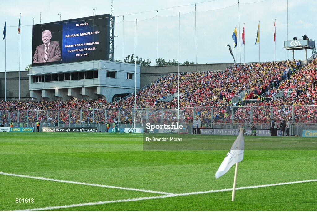 28 September 2013; Patrons stand for a minute silence in memory of the late Paddy McFlynn, former President of the GAA. GAA Hurling All-Ireland Senior Championship Final Replay, Cork v Clare, Croke Park, Dublin. Picture credit: Brendan Moran / SPORTSFILE