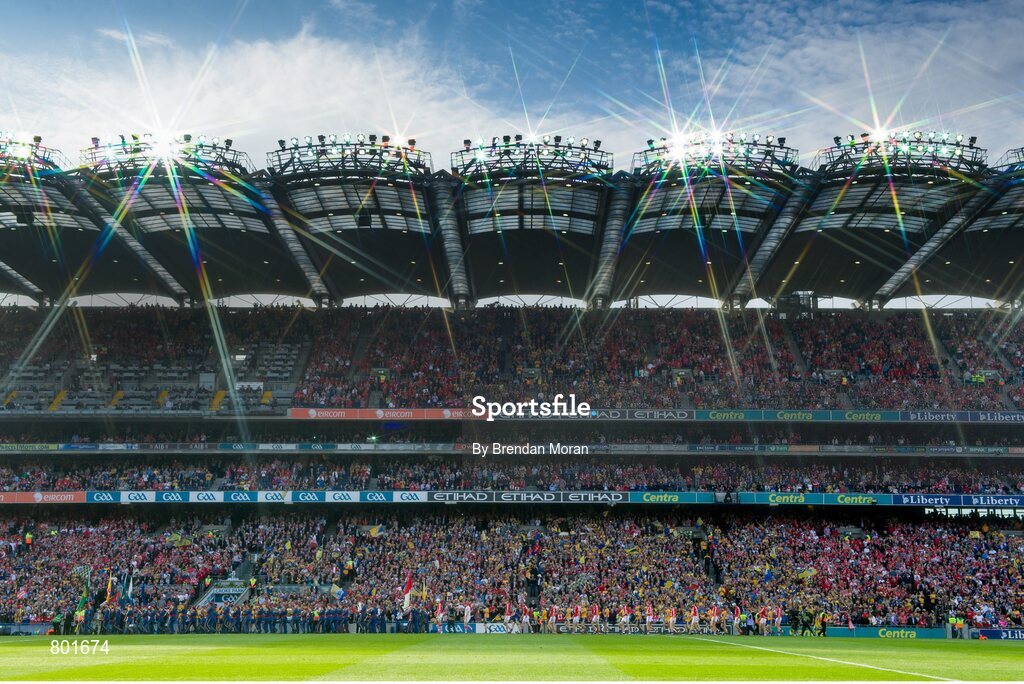 28 September 2013; The Cork and Clare teams walk behind the Artane School of Music Band during the pre-match parade. GAA Hurling All-Ireland Senior Championship Final Replay, Cork v Clare, Croke Park, Dublin. Picture credit: Brendan Moran / SPORTSFILE