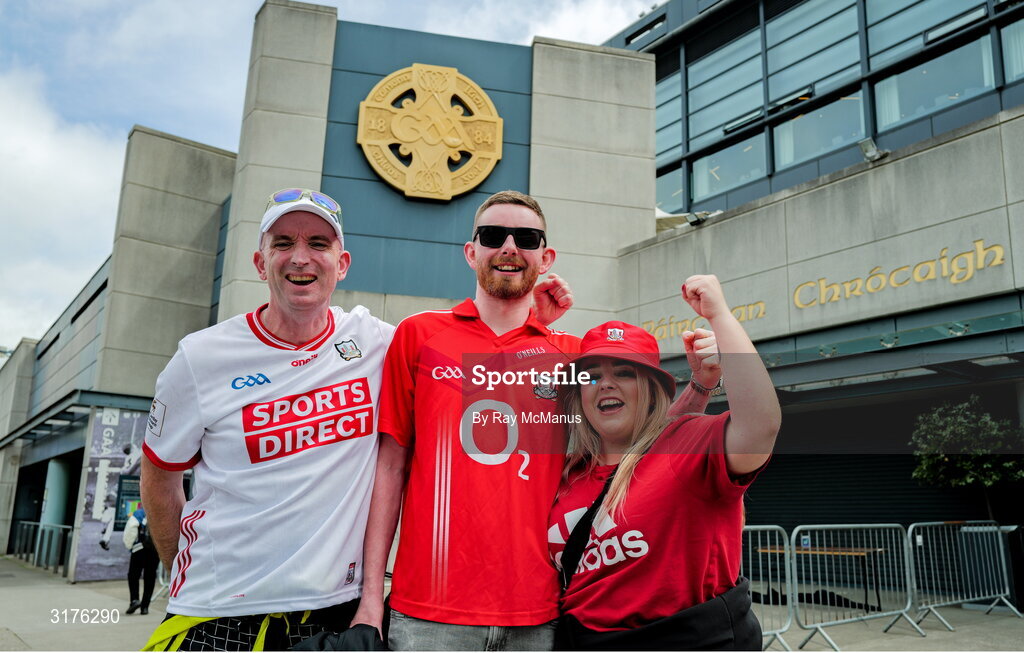 5 July 2025; Cork supporters Robert Murphy, William McCarthy and Emma Jane Murphy, from Carrigaline outside Croke Park before the GAA Hurling All-Ireland Senior Championship semi-final match between Cork and Dublin at Croke Park in Dublin. Photo by Ray McManus/Sportsfile