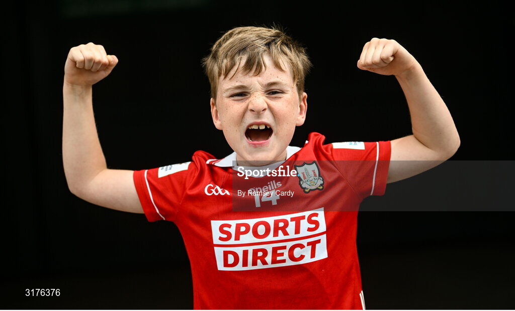 5 July 2025; Cork supporter Tom Gateley, age 7, from Carrigaline, before the GAA Hurling All-Ireland Senior Championship semi-final match between Cork and Dublin at Croke Park in Dublin. Photo by Ramsey Cardy/Sportsfile