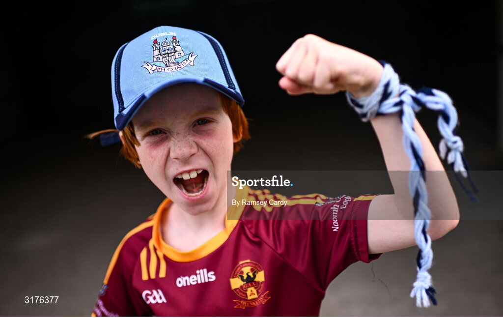 5 July 2025; Dublin supporter Rian before the GAA Hurling All-Ireland Senior Championship semi-final match between Cork and Dublin at Croke Park in Dublin. Photo by Ramsey Cardy/Sportsfile