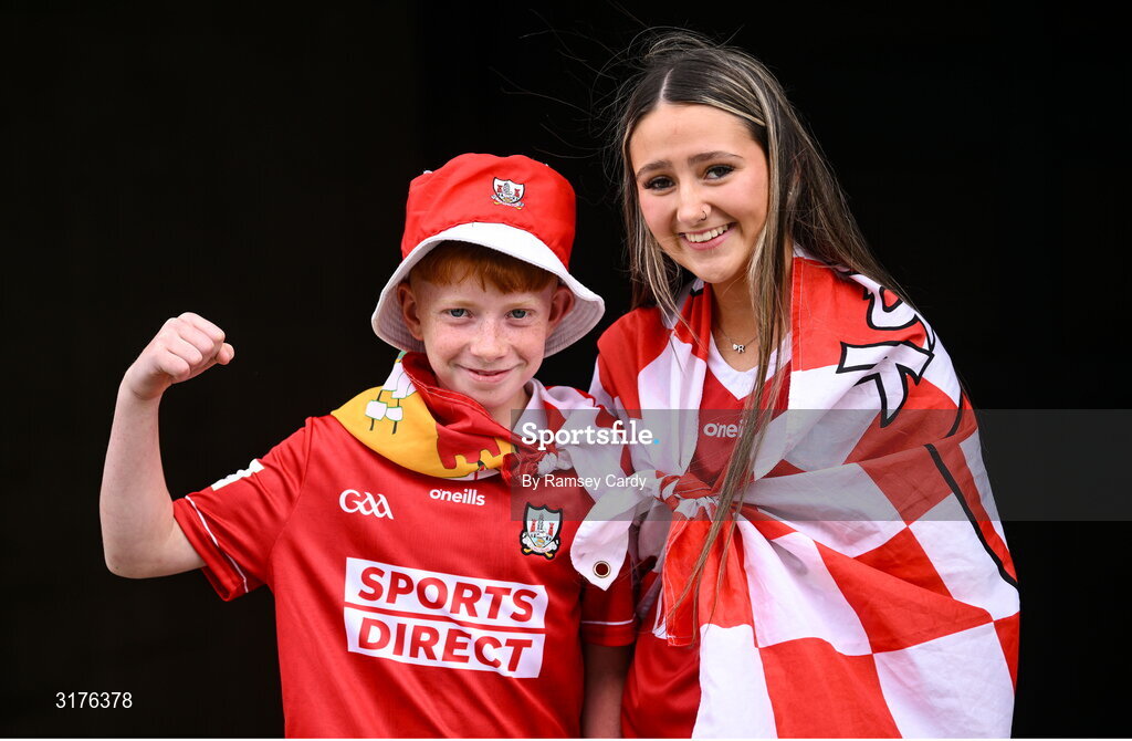5 July 2025; Cork supporters Mason, left, and Ruby Slyne, from Inishannon, before the GAA Hurling All-Ireland Senior Championship semi-final match between Cork and Dublin at Croke Park in Dublin. Photo by Ramsey Cardy/Sportsfile