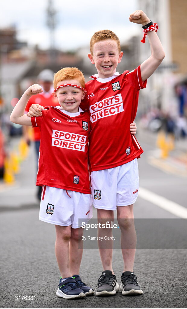 5 July 2025; Cork supporters Cathal, age 7, and James Ryan, age 9, from Glanmire, before the GAA Hurling All-Ireland Senior Championship semi-final match between Cork and Dublin at Croke Park in Dublin. Photo by Ramsey Cardy/Sportsfile
