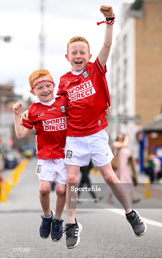 5 July 2025; Cork supporters Cathal, age 7, and James Ryan, age 9, from Glanmire, before the GAA Hurling All-Ireland Senior Championship semi-final match between Cork and Dublin at Croke Park in Dublin. Photo by Ramsey Cardy/Sportsfile