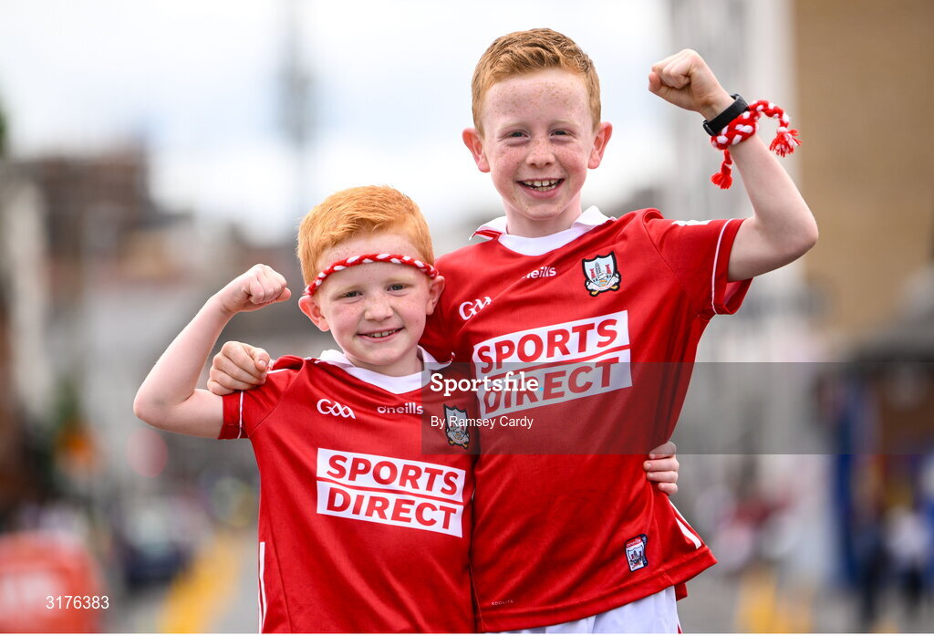 5 July 2025; Cork supporters Cathal, age 7, and James Ryan, age 9, from Glanmire, before the GAA Hurling All-Ireland Senior Championship semi-final match between Cork and Dublin at Croke Park in Dublin. Photo by Ramsey Cardy/Sportsfile