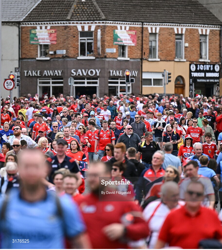 5 July 2025; Supporters make their way to the stadium before the GAA Hurling All-Ireland Senior Championship semi-final match between Cork and Dublin at Croke Park in Dublin. Photo by David Fitzgerald/Sportsfile