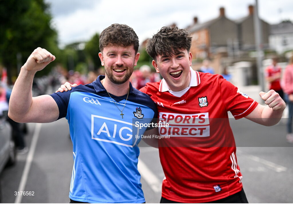 5 July 2025; Cousins, Conor Geraghty and Tiernan Aherne before the GAA Hurling All-Ireland Senior Championship semi-final match between Cork and Dublin at Croke Park in Dublin. Photo by David Fitzgerald/Sportsfile