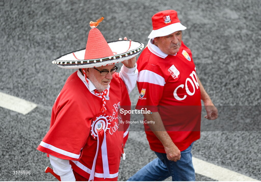 5 July 2025; Cork supporters arrive for the GAA Hurling All-Ireland Senior Championship semi-final match between Cork and Dublin at Croke Park in Dublin. Photo by Stephen McCarthy/Sportsfile