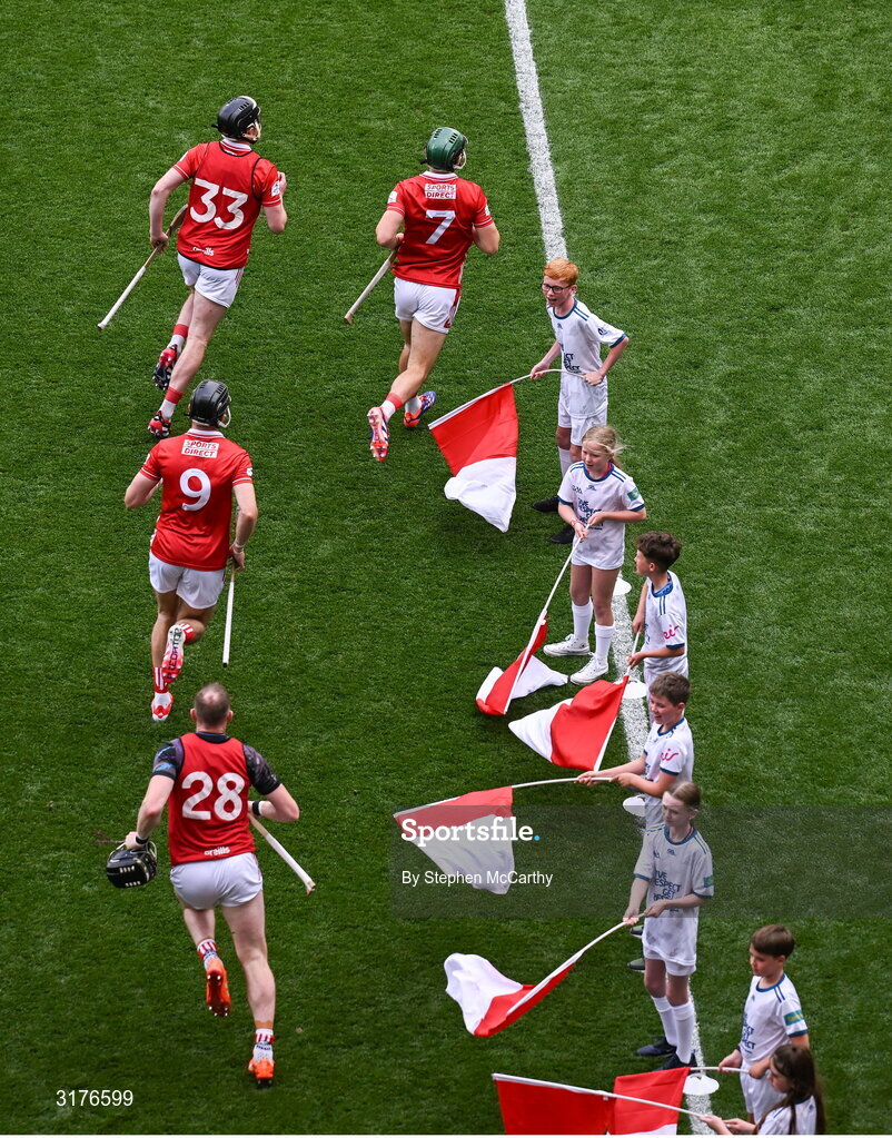 5 July 2025; Cork players run out for the GAA Hurling All-Ireland Senior Championship semi-final match between Cork and Dublin at Croke Park in Dublin. Photo by Stephen McCarthy/Sportsfile