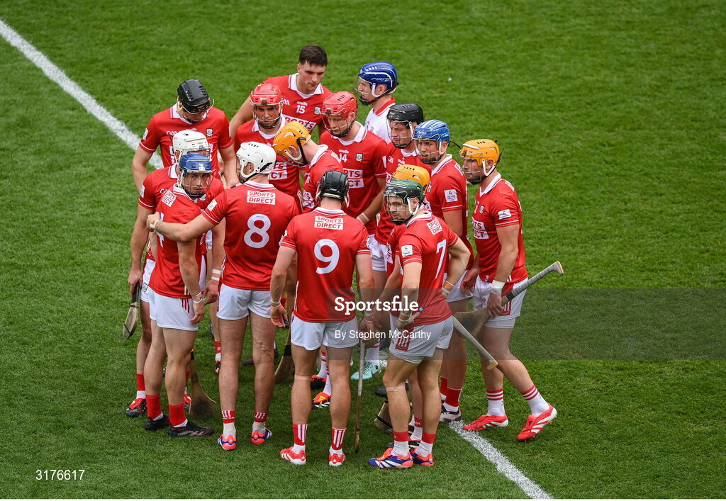 5 July 2025; Cork players before the GAA Hurling All-Ireland Senior Championship semi-final match between Cork and Dublin at Croke Park in Dublin. Photo by Stephen McCarthy/Sportsfile