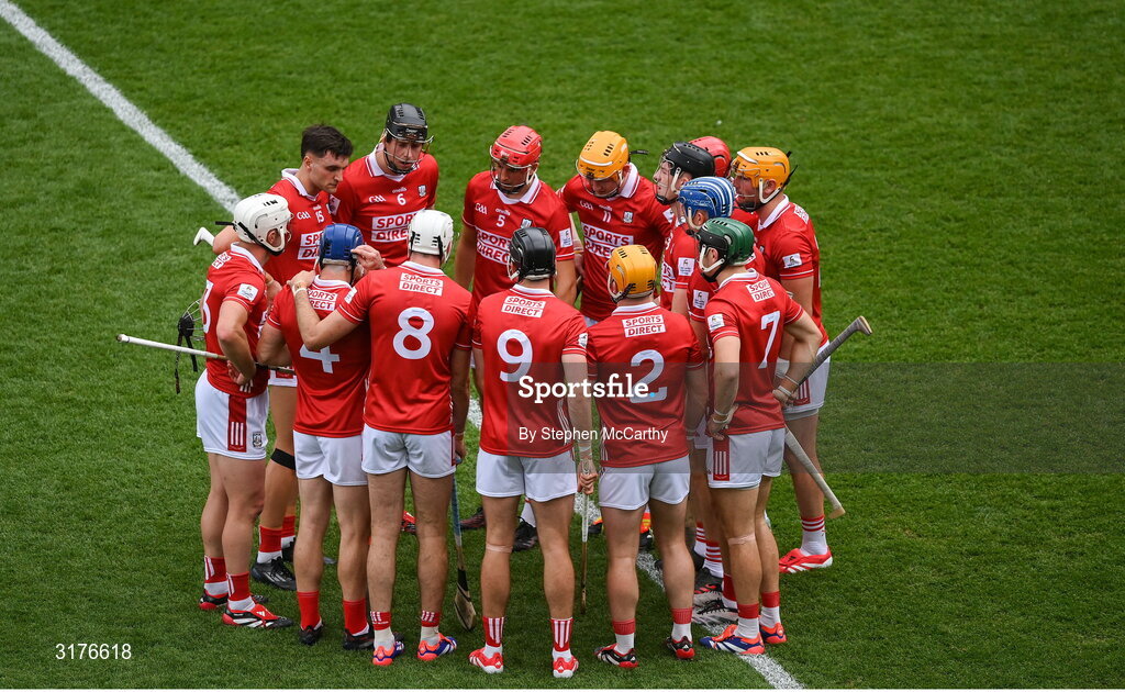 5 July 2025; Cork players before the GAA Hurling All-Ireland Senior Championship semi-final match between Cork and Dublin at Croke Park in Dublin. Photo by Stephen McCarthy/Sportsfile