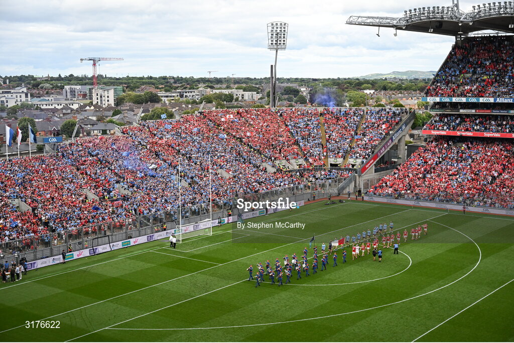 5 July 2025; A general view of Croke Park during the pre-match parade before the GAA Hurling All-Ireland Senior Championship semi-final match between Cork and Dublin at Croke Park in Dublin. Photo by Stephen McCarthy/Sportsfile