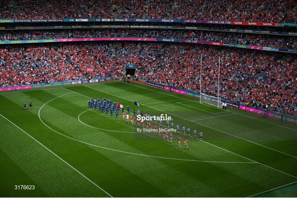 5 July 2025; A general view of Croke Park during the pre-match parade before the GAA Hurling All-Ireland Senior Championship semi-final match between Cork and Dublin at Croke Park in Dublin. Photo by Stephen McCarthy/Sportsfile