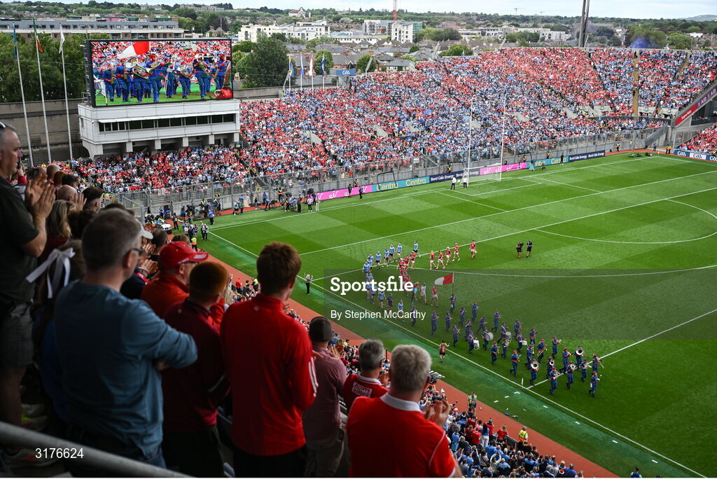 5 July 2025; A general view of Croke Park during the pre-match parade before the GAA Hurling All-Ireland Senior Championship semi-final match between Cork and Dublin at Croke Park in Dublin. Photo by Stephen McCarthy/Sportsfile
