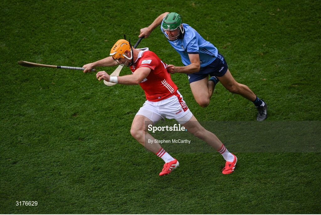 5 July 2025; Declan Dalton of Cork in action against Paddy Doyle of Dublin during the GAA Hurling All-Ireland Senior Championship semi-final match between Cork and Dublin at Croke Park in Dublin. Photo by Stephen McCarthy/Sportsfile