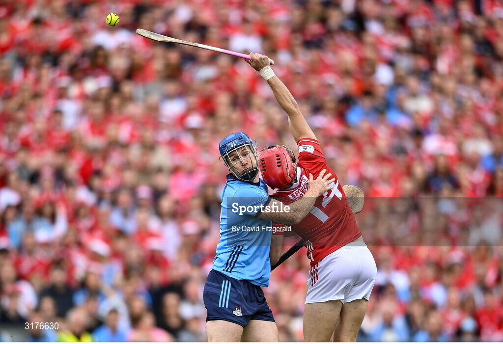 5 July 2025; Alan Connolly of Cork in action against John Bellew of Dublin during the GAA Hurling All-Ireland Senior Championship semi-final match between Cork and Dublin at Croke Park in Dublin. Photo by David Fitzgerald/Sportsfile