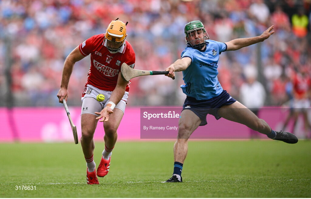 5 July 2025; Declan Dalton of Cork in action against Paddy Doyle of Dublin during the GAA Hurling All-Ireland Senior Championship semi-final match between Cork and Dublin at Croke Park in Dublin. Photo by Ramsey Cardy/Sportsfile